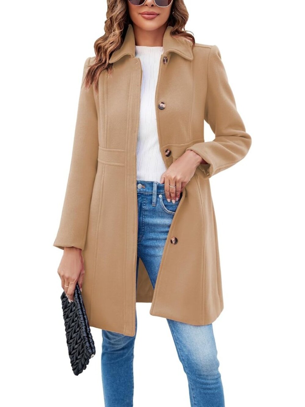 Women's Camel Elegant Single Breasted Long Sleeve Winter Work Office Pea Coat
